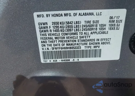 2017 Honda Pilot Ex-L z USA, uszkodzony, nr VIN 5FNYF6H69HB053323